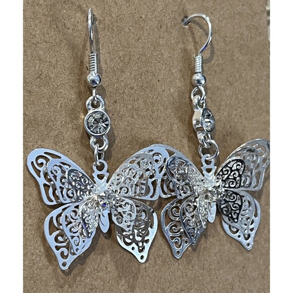 Silver Tone Filigree Style 3D Butterfly Earrings Rhinestone Accents Novelty - Picture 2 of 7